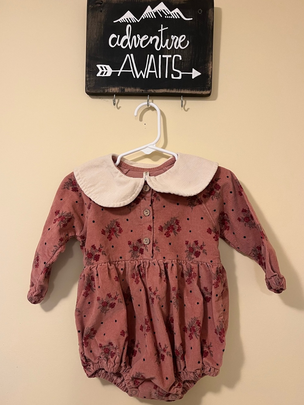 Wild Wawa Dusty Rose Floral Corduroy Baby Romper with Cream Peter Pan Collar